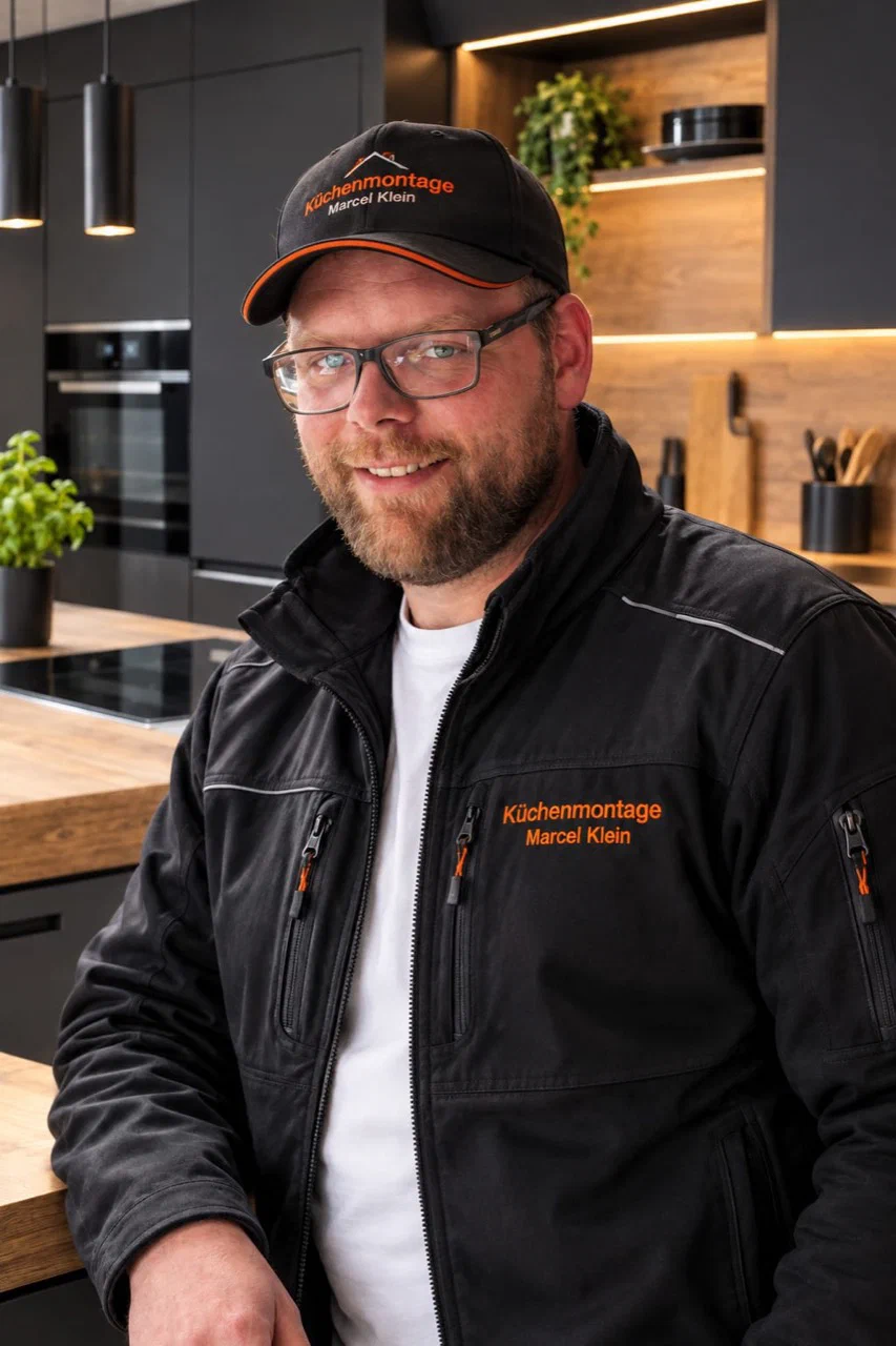 Marcel Klein in seiner Arbeitsjacke in einer Küche